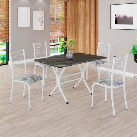 Conjunto Sala de Jantar Mesa Retangular 100x60cm Tampo Pedra Ardósia Indiana 4 Cadeiras Paraty Branco/Paraopeba