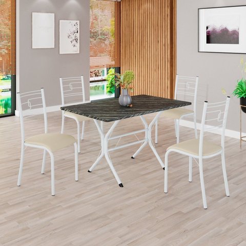 Conjunto Sala de Jantar Mesa Retangular 100x60cm Tampo Pedra Ardósia Indiana 4 Cadeiras Paraty Branco/Creme