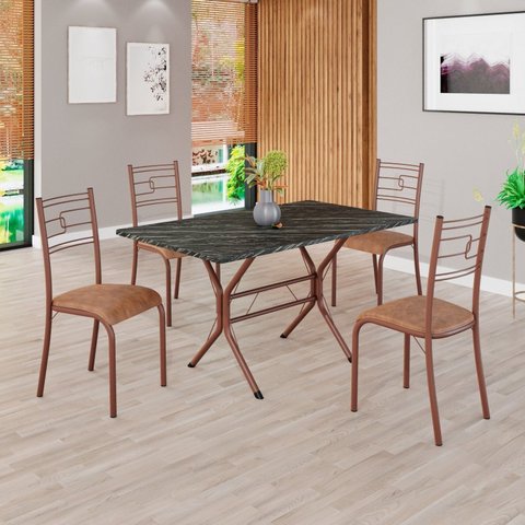 Conjunto Sala de Jantar Mesa Retangular 120x75cm Tampo Pedra Ardósia Indiana 4 Cadeiras Paraty Marrom/C.