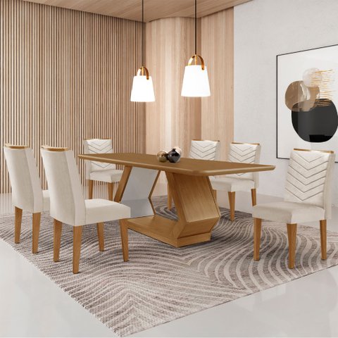 Mesa para Sala de Jantar Alvorada 180cm Mdf Tampo Laminado Canto Copo e 6 Cadeiras Liz