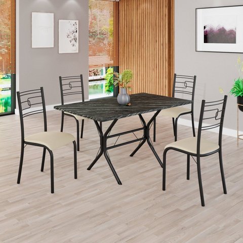 Conjunto Sala de Jantar Mesa Retangular 120x75cm Tampo Pedra Ardósia Indiana 4 Cadeiras Paraty Preto/Creme/Fosco
