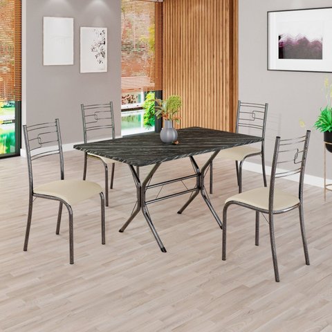 Conjunto Sala de Jantar Mesa Retangular 120x75cm Tampo Pedra Ardósia Indiana 4 Cadeiras Paraty Prata/Creme/Mart