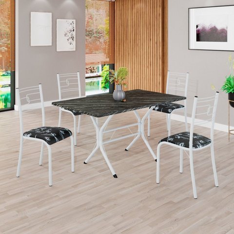 Conjunto Sala de Jantar Mesa Retangular 120x75cm Tampo Pedra Ardósia Indiana 4 Cadeiras Paraty Branco/Preto Floral