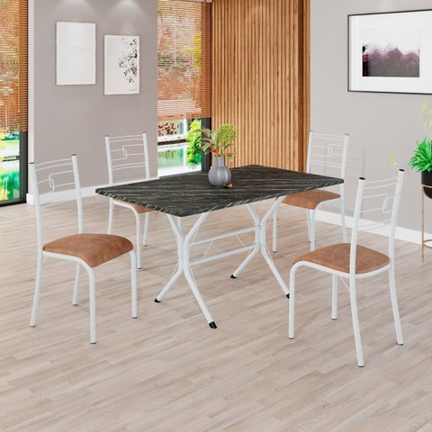 Conjunto Sala de Jantar Mesa Retangular 120x75cm Tampo Pedra Ardósia Indiana 4 Cadeiras Paraty Branco/C. Marrom