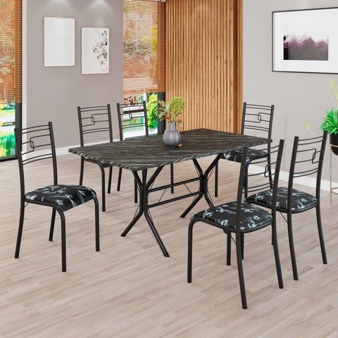 Conjunto Sala de Jantar Mesa Retangular 140x75cm Tampo Pedra Ardósia Indiana 6 Cadeiras Paraty Preto/Floral/Fosco