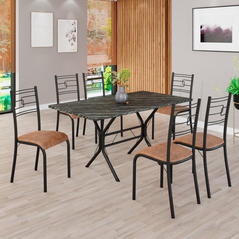 Conjunto Sala de Jantar Mesa Retangular 140x75cm Tampo Pedra Ardósia Indiana 6 Cadeiras Paraty Preto/C. Marrom/Fosco