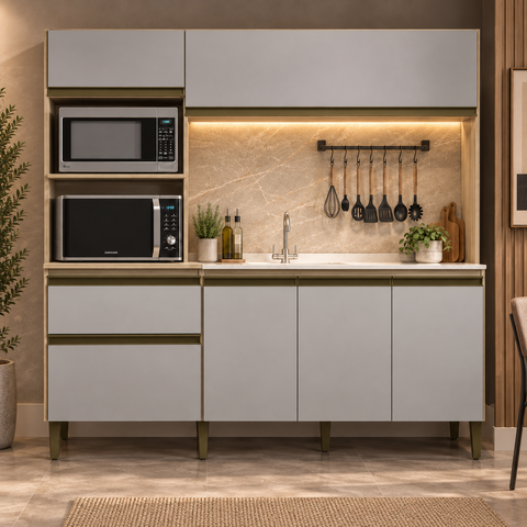 Cozinha Compacta Vitória New 185cm 6 Portas 1 Gaveta Dourado/Fumê - J Carvalho