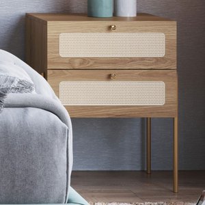 Mesa de Cabeceira 2 Gavetas Palhinha Pés Metálicos 28933 Oslo Artesano - Hanover/dourado