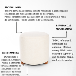 Puff Turim Decorativo Tecido Linho Banqueta Redondo Pés de Madeira - 4