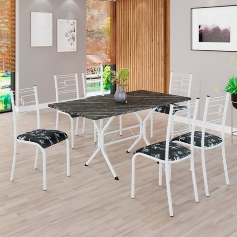 Conjunto Sala de Jantar Mesa Retangular 140x75cm Tampo Pedra Ardósia Indiana 6 Cadeiras Paraty Branco/Preto Floral