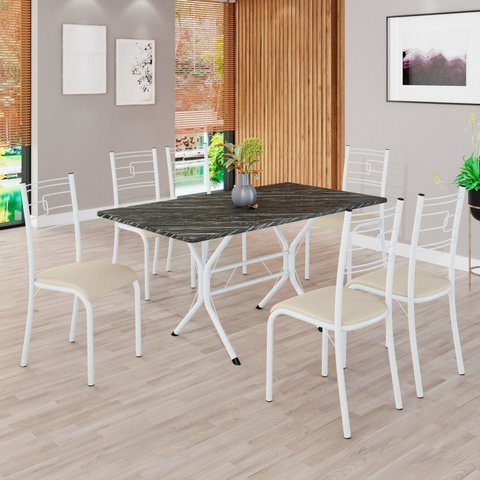 Conjunto Sala de Jantar Mesa Retangular 140x75cm Tampo Pedra Ardósia Indiana 6 Cadeiras Paraty Branco/Creme