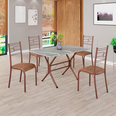 Conjunto Sala de Jantar Mesa Retangular 100x60cm Tampo Granito Topázio 4 Cadeiras Paraty Marrom/C.