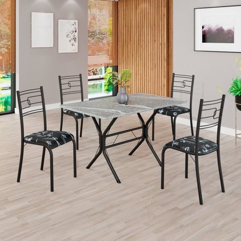 Conjunto Sala de Jantar Mesa Retangular 100x60cm Tampo Granito Topázio 4 Cadeiras Paraty Preto/Floral/Fosco