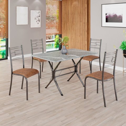 Conjunto Sala de Jantar Mesa Retangular 100x60cm Tampo Granito Topázio 4 Cadeiras Paraty Prata/C. Marrom/Mart