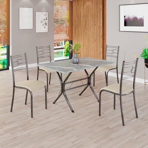 Conjunto Sala de Jantar Mesa Retangular 100x60cm Tampo Granito Topázio 4 Cadeiras Paraty Prata/Creme/Mart