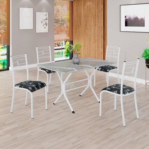 Conjunto Sala de Jantar Mesa Retangular 100x60cm Tampo Granito Topázio 4 Cadeiras Paraty Branco/Preto Floral
