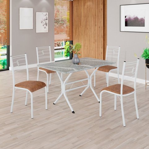 Conjunto Sala de Jantar Mesa Retangular 100x60cm Tampo Granito Topázio 4 Cadeiras Paraty Branco/C. Marrom