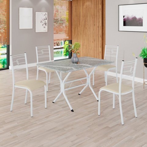 Conjunto Sala de Jantar Mesa Retangular 100x60cm Tampo Granito Topázio 4 Cadeiras Paraty Branco/Creme