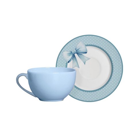 Conjunto com 6 Xícaras de Chá com Pires Laços de Páscoa Azul 250ml