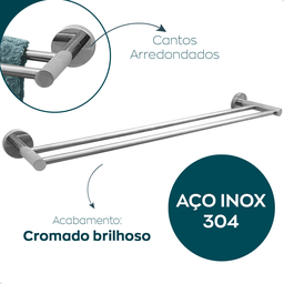 Suporte Porta Toalha Duplo Toalheiro Cromado 60cm Aço Inox Porta Toalha de Banho Acessorio Banheiro - 3