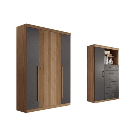 Quarto Completo Casal Guarda Roupa 4 Ptas Buriti + Cômoda Marabá Grafite S. Andirá