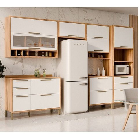 Cozinha Completa Modulada 100% MDF 6 Peças 11 Portas 6 Gavetas e Vidro 354cm Vicenza Espresso Móveis Branco/Amêndoa