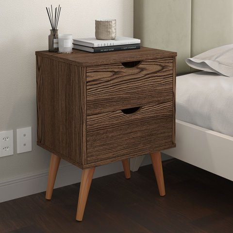 Mesa de Cabeceira Madri com 2 Gavetas - Pés Retrô Palito em PVC - Canela