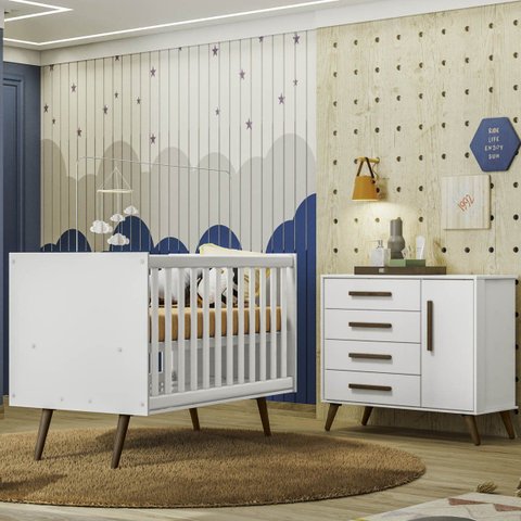 Quarto Bebê Q Encanto Retrô Branco Cômoda Sapateira 4 Gavetas e Berço Qmovi