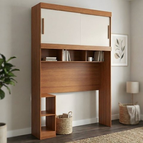 Guarda-Roupa Solteiro 2 Portas com Cabeceira Gênova Plus Off White/Freijó Wood/Off-White