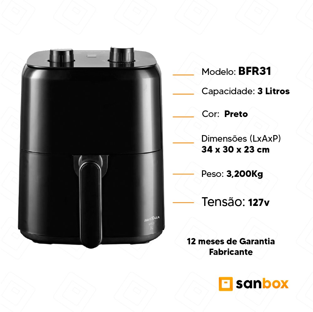 Fritadeira Air Fryer Britânia Bfr31 3l 1300w Preto - 127v - 6