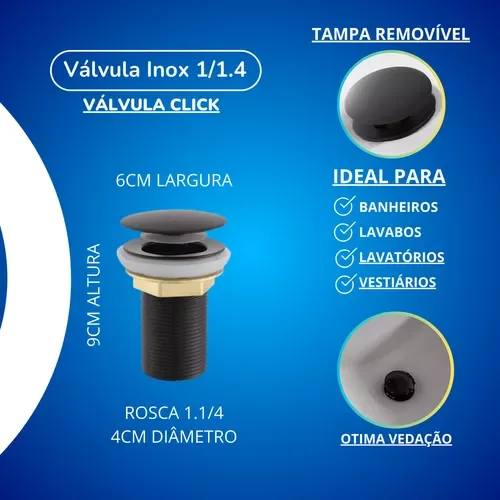 Válvula Click Inteligente Preto Fosco para Cuba Banheiro 1.1/4" - 3