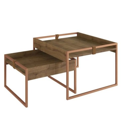 Conjunto Mesa de Centro Sala de Estar Design com Couro e Mdf:woodmel/dourado