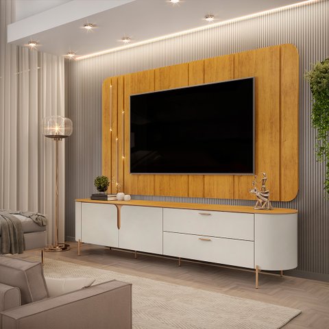 Painel com Bancada 241cm Avatar com Led e Detalhes Dourados para Tv até 75 G18 - Gran Belo