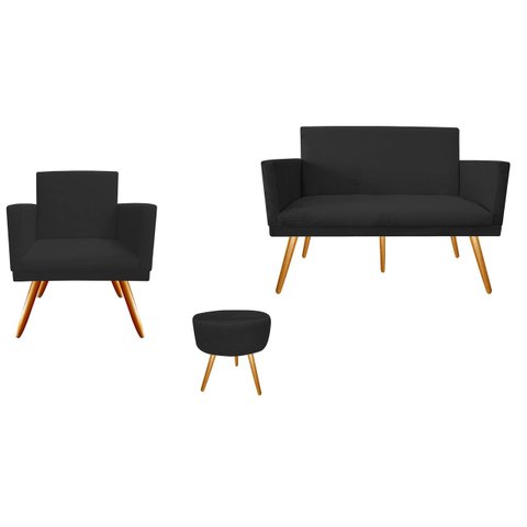 Kit Namoradeira + 1 Poltrona Decorativa Nina + Puff Redondo Suede Preto Pés Madeira Ms Decor