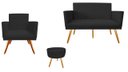Ver imagem 1 de Kit Namoradeira + 1 Poltrona Decorativa Nina + Puff Redondo Suede Preto Pés Madeira Ms Decor