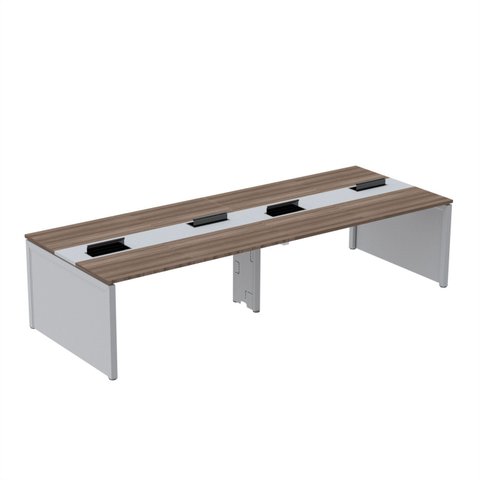 Estação de Trabalho Mesa Plataforma Escritório para 4 Pessoas Dupla com Caixa de Tomada Pé Painel Cinza/Walnut