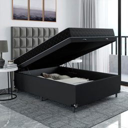 Cama Box Baú Viúva + Colchão Espuma D20 - 56x128x188cm - e-Shop Casa - Couro Preto - 4