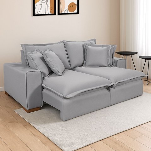 Sofá Retrátil Reclinável com Molas Ensacadas no Assento Tecido Linho Cinza Claro 2,10m