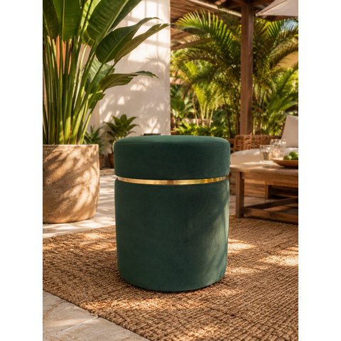Puff com Cinta Superior Dourada, Verde Veludo - Let Móveis