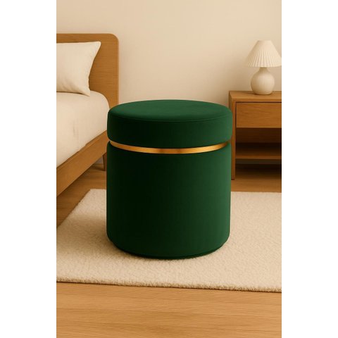 Puff Cinta Dourada Superior Verde em Tecido Veludo
