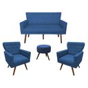 Ver imagem 1 de Kit Namoradeira + 2 Poltronas Decorativa Aurora + Puff Redondo Suede Azul Marinho Pés Madeira Mz Dec