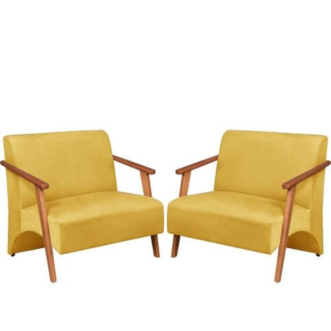Poltrona Namoradeira Venus Braço Madeira Maciça Suede Unidecor Amarelo