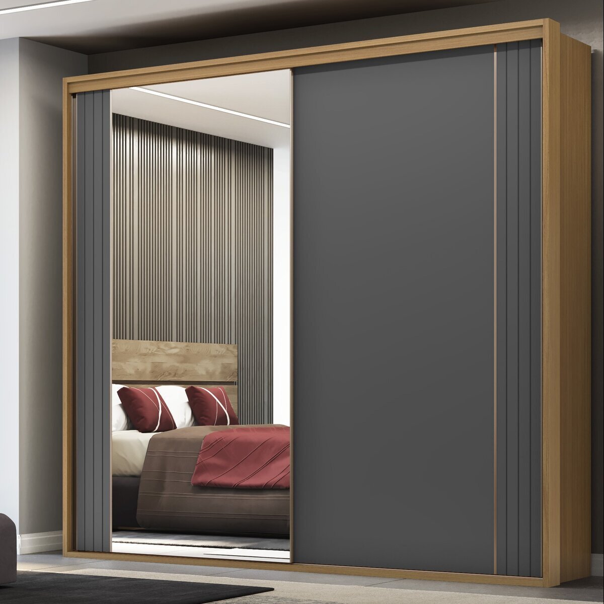 Guarda Roupa Casal 2 Portas Mdf Ripado com Espelho Imperium Belmax:freijó/titânio