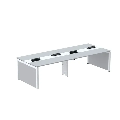 Estação de Trabalho Mesa Plataforma Escritório para 4 Pessoas Dupla com Caixa de Tomada Pé Painel Cinza/Branco