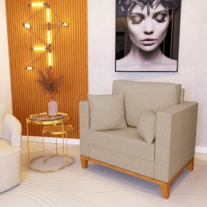 Poltrona Beny para Recepção com 2 Almofadas Linho Bege Base em Madeira Maciça