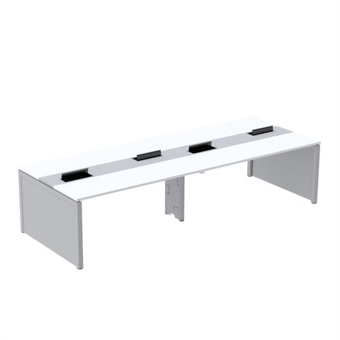 Estação de Trabalho Mesa Plataforma Escritório para 4 Pessoas Dupla com Caixa de Tomada Pé Painel Branco/Cinza