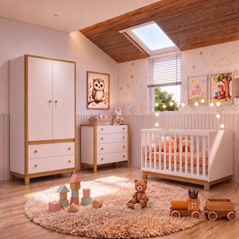 Quarto de Bebê Completo 3 Peças Berço, Cômoda e Guarda-Roupa Doce Encanto Espresso Moveis Branco
