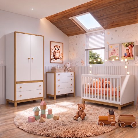 Quarto de Bebê Completo 3 Peças Berço, Cômoda e Guarda-Roupa Doce Encanto Espresso Moveis Branco