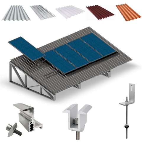 Kit Estrutura Suporte Fixador Linha C P/ 5 Placas Solar Alumínio Inox Telha Fibro Ondulada Viga Metá