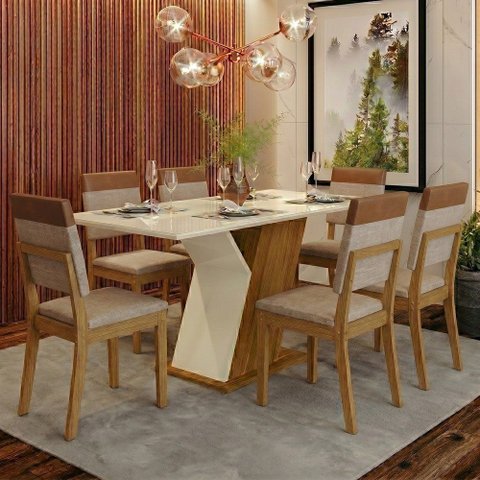 Conjunto Sala Jantar Mesa 160 cm Tampo MDF Vidro 6 Cadeir Layla Diamond Casa 812